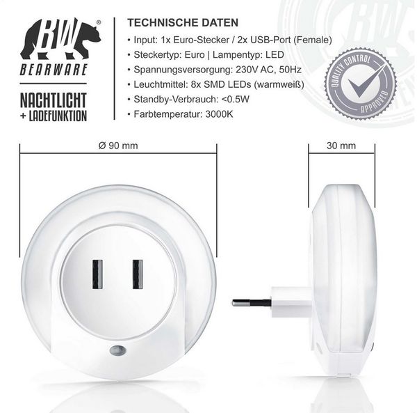 BEARWARE LED Nachtlicht, LED fest integriert, Warmweiß, Nachtlampe mit USB Ladefunktion, Helligkeits & Dämmerungssensor