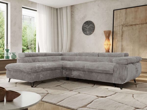 MKS Möbel 'Pablo L-Form' Ecksofa mit Schlaffunktion, verstellbare Kopfstützen, Hellgrau, Cordstoff, T25 Topper, Links