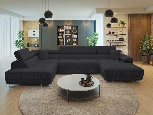 Ecksofa Torezio Bis Cord mit Bettkasten, Schlaffunktion und Einstellbare Kopfstützen (Farbe: Poso 135, Seite: Links)