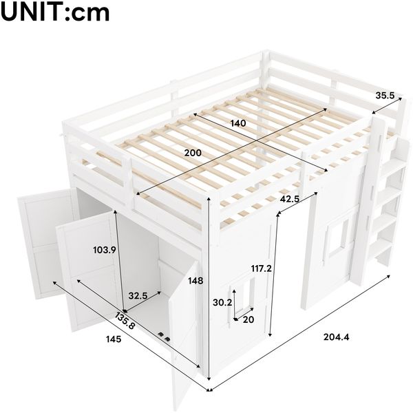 Merax 140 x 200 cm Hochbett, Kinderbett aus Holz mit integriertem Kleiderschrank, 2 Fenstern und LED-Beleuchtung, weiß Bild 4