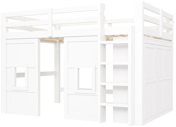 Merax 140 x 200 cm Hochbett, Kinderbett aus Holz mit integriertem Kleiderschrank, 2 Fenstern und LED-Beleuchtung, weiß Bild 7