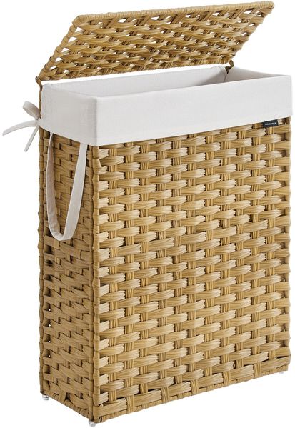 Songmics Wäschekorb mit herausnehmbarem Wäschesack, synthetisches Rattan Pastellgelb, 55L