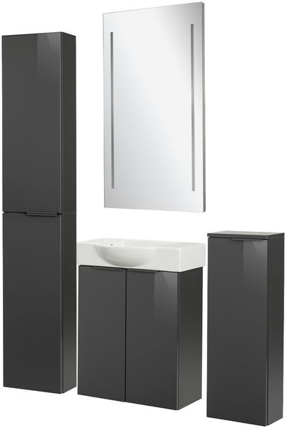 FACKELMANN SBC LUNA Gäste WC Set 5-teilig 55 cm breit, Anthrazit, Waschbecken Keramik Weiß Hahnloch links + LED Spiegel + Hochschrank slim + Midischrank slim