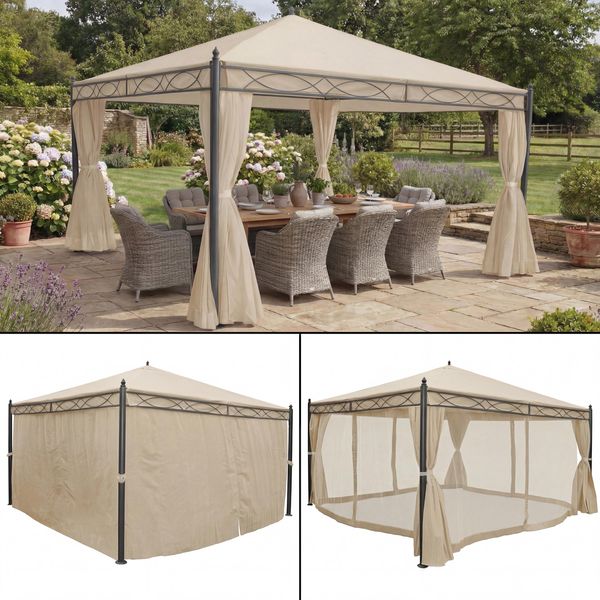Pergola Cadiz, Garten Pavillon, stabiles 7cm-Gestell mit Seitenwand + Moskitonetz ~ creme 4x4m