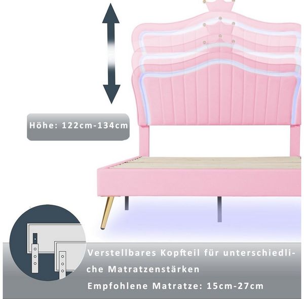 Flieks Polsterbett, LED Beleuchtung Krone Kunstleder Doppelbett 140x200cm rosa Bild 4