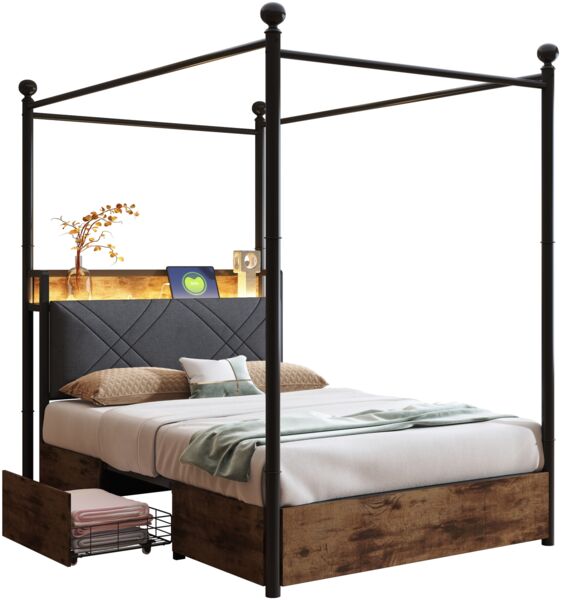 Merax Metalleinzelbett, Jugendbett Multifunktionales Bett 90 x 190cm, mit abnehmbaren Bettpfosten mit LED & USB-/Typ-C-Ladeanschlüssen & 2 Schubladen, schwarz Bild 10
