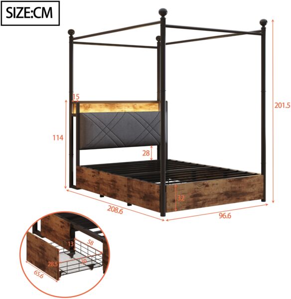 Merax Metalleinzelbett, Jugendbett Multifunktionales Bett 90 x 190cm, mit abnehmbaren Bettpfosten mit LED & USB-/Typ-C-Ladeanschlüssen & 2 Schubladen, schwarz Bild 4
