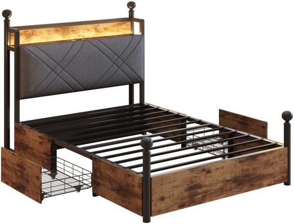 Merax Metalleinzelbett, Jugendbett Multifunktionales Bett 90 x 190cm, mit abnehmbaren Bettpfosten mit LED & USB-/Typ-C-Ladeanschlüssen & 2 Schubladen, schwarz Bild 9