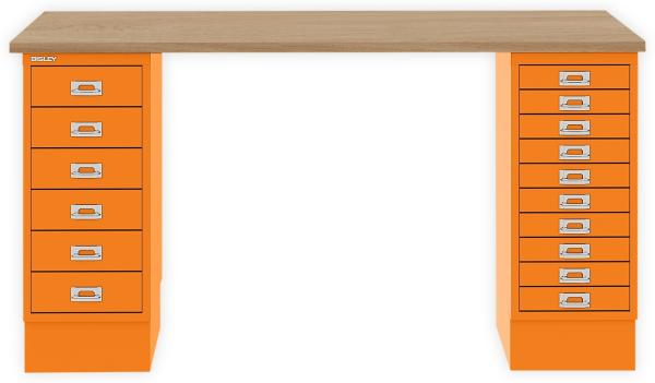 MultiDesk, 1 MultiDrawer mit 10 Schüben, 1 MultiDrawer mit 6 Schüben, Dekor natürliche Eiche, Farbe Orange, Maße: H 740 x B 1400 x T 600 mm