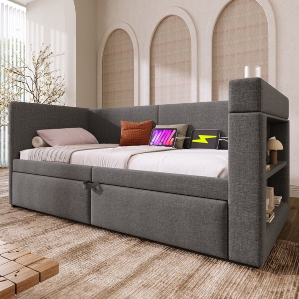 Flieks Daybett, Polsterbett 90/180x200cm mit Ausziehbett, Ladefunktion & Stauraumregal Bild 2