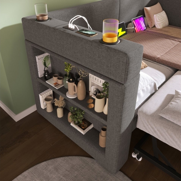 Flieks Daybett, Polsterbett 90/180x200cm mit Ausziehbett, Ladefunktion & Stauraumregal Bild 3