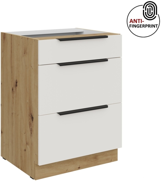 Küchen Unterschrank 60 cm Küche ARIA Weiss ultra matt + Eiche Artisan matt, hochwertige Fronten mit Anti Fingerprint Beschichtung, Soft-Close Küchenzeile Küchenblock