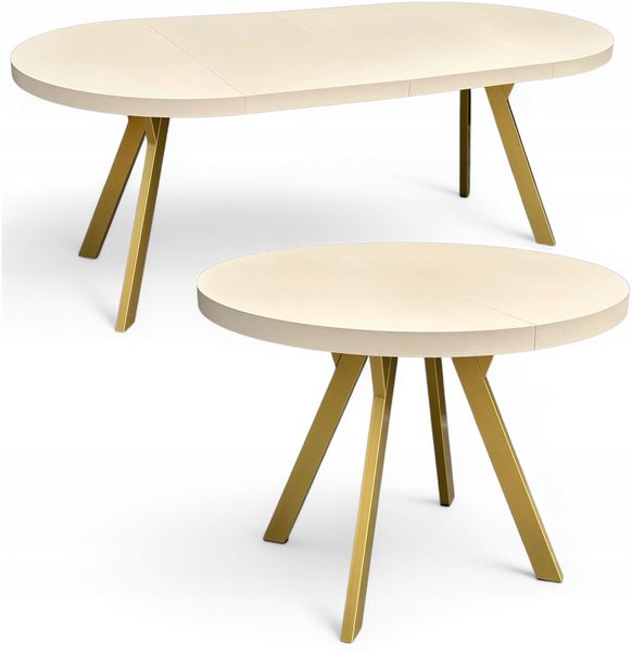 Runder Esstisch KASCHMIR Ø100 ausziehbar bis 200 cm, Beige + Gold Metallgestell