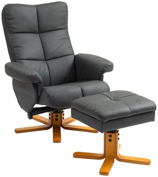 HOMCOM Relaxsessel mit Hocker und Stauraum, mit Liegefunktion (Fernsehsessel, 2-St, 360° drehbarer Sessel), Kunstleder Holzgestell Dunkelgrau 80 x 86 x 99 cm