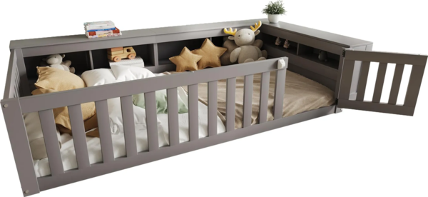 Kinderbett mit Lattenrost und Zaun, 90x200 cm, Rausfallschutz, Stauraum, Regal, Einzelbett, Jugendbett, Kiefer