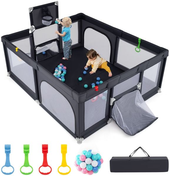 188 x 157 cm Baby Laufstall mit Basketballkorb Fußballtor faltbarem Kleinkind-Laufgitter mit Reißverschlusstür Dunkelgrau