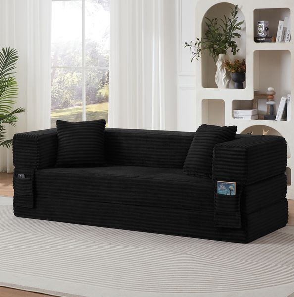 Schlafsofa 60cm×200cm×76cm in Schwarz mit Cord-Optik und Schaumstoffpolsterung