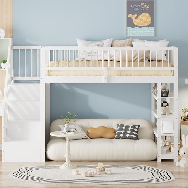 Multifunktions Hochbett 90x200 cm Weiß Grau mit Stauraum Schrank Regal Sicherheitsgeländer Kiefernholz Hochbett System Etagenbett Kinderzimmer Jugendzimmer Platzsparend Sicherheitsleiter Stauraum Lösung