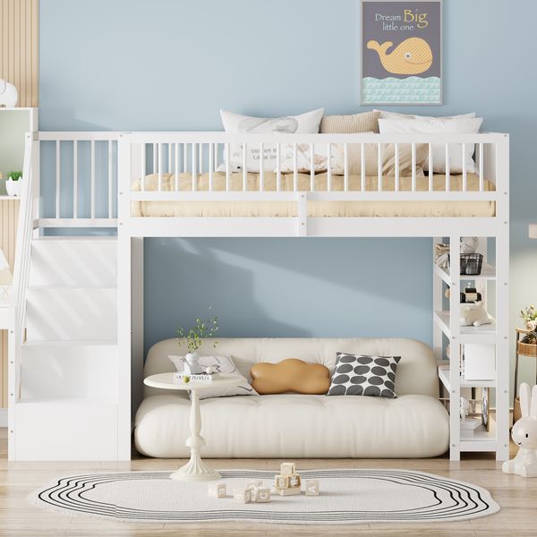 Multifunktions Hochbett 90x200 cm Weiß Grau mit Stauraum Schrank Regal Sicherheitsgeländer Kiefernholz Hochbett System Etagenbett Kinderzimmer Jugendzimmer Platzsparend Sicherheitsleiter Stauraum Lösung