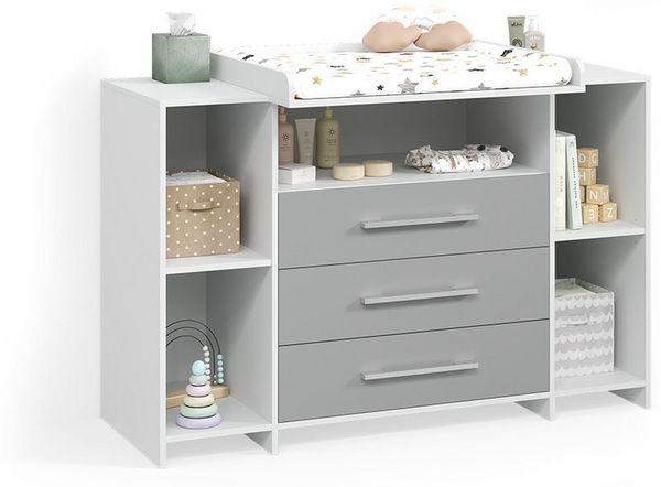 Livinity® Wickelkommode Torino, Weiß/Grau/Weiß, XL mit Schubladen