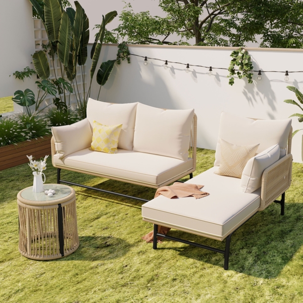 Merax Gartenlounge-Set, Gartenmöbel-Set, Gartenmöbel aus gewebtem Seil für den Außenbereich, L-förmiges, Beige