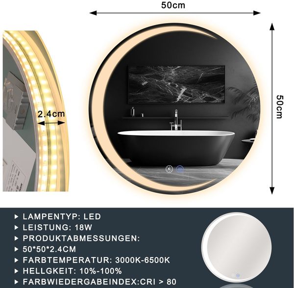ZMH Runder Badezimmerspiegel mit Beleuchtung – 50 cm runder Wandspiegel, LED, IP44, runder Badezimmerspiegel mit Touch-Schalter und Antibeschlagfunktion Bild 3