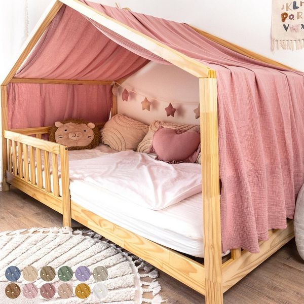 lilimaus Betthimmel Single Hausbett Himmel Gold aus 100% Baumwolle - 12 Farben (1-tlg), Musselin Betthimmel Goldsterne für einseitiges Hausbett