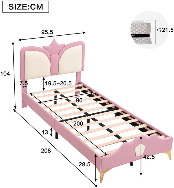 Kinder-Polsterbett 90x200 cm mit Kronen-Kopfteil in Rosa/Weiß/Gold, ohne Matratze Bild 10