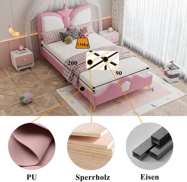 Kinder-Polsterbett 90x200 cm mit Kronen-Kopfteil in Rosa/Weiß/Gold, ohne Matratze Bild 6
