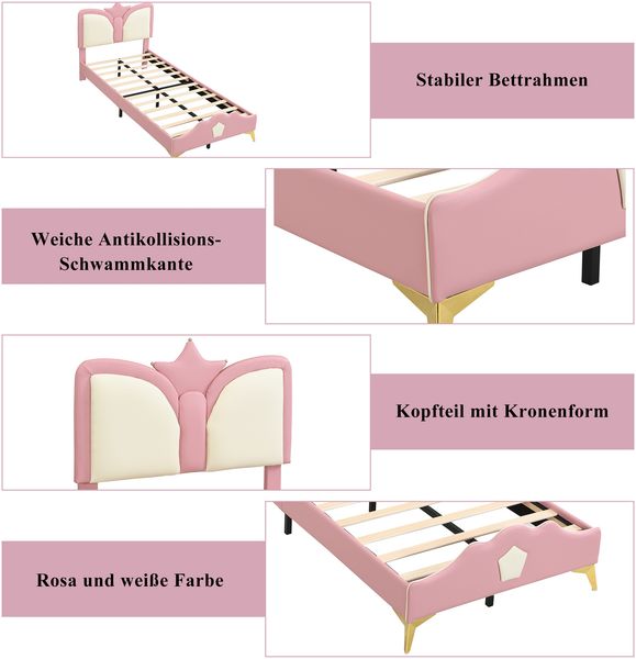 Kinder-Polsterbett 90x200 cm mit Kronen-Kopfteil in Rosa/Weiß/Gold, ohne Matratze Bild 5