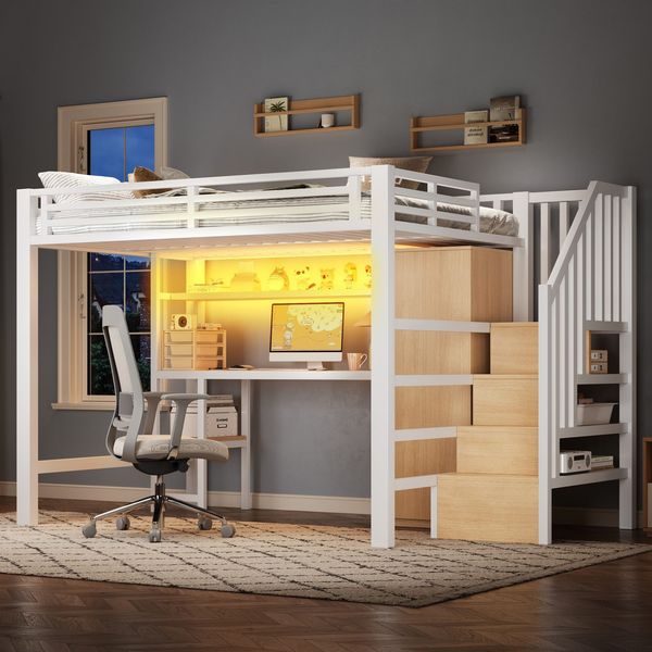 Hochbett mit RGB LED-Streifen, Schreibtisch, Treppe, Regal, Lattenrost und Kleiderschrank, 140x200 cm, Kinderbett mit Rausfallschutz, Metallbett