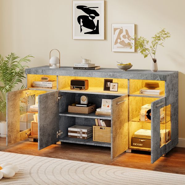 Beistelltisch, Hochglanz-Seitenschrank mit LED-Licht und Glasfächern, MDF+Glas, Zementfarbe, 140x40x70cm