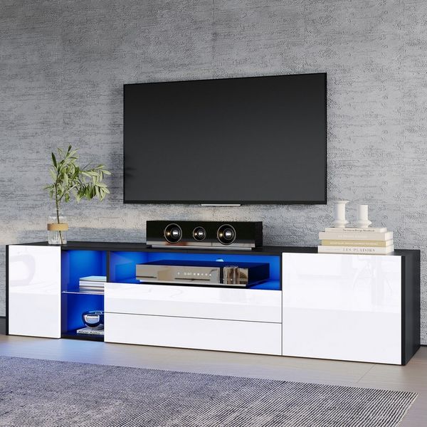BlingBin Lowboard TV-Standschrank, TV-Schrank mit 2 Schubladen und 2 Schränken (Hochglanz-LED-Lowboard, 1 St, 180 x 40 x 45 cm), TV-Ständer für 75-Zoll-Fernseher, schwarz-weißer Spleiß-TV-Schrank