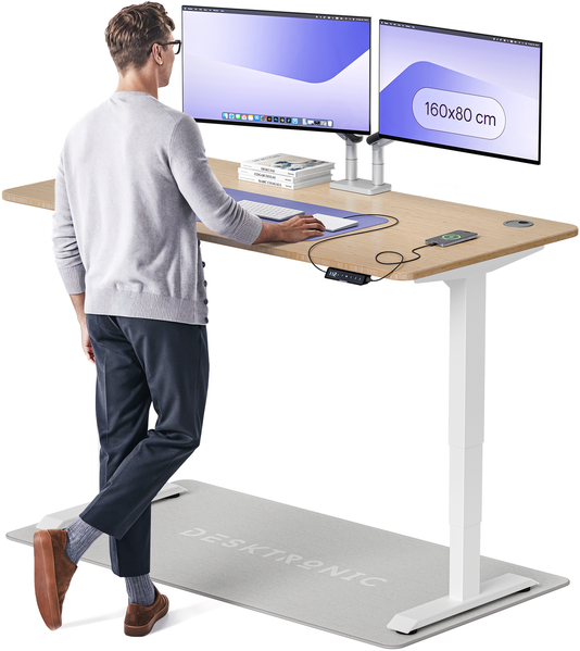 Desktronic HomePro Elektrisch höhenverstellbarer Schreibtisch 160x80 cm Bambus/Weiß mit Memory-Funktion, Anti-Kollisions Technologie, USB-A und USB-C-Ladeanschlüssen