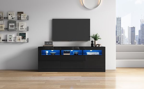 TV-Schrank B 160 x T 35 x H 60 cm aus Spanplatte in Schwarz, Hochglanz-Front mit LED