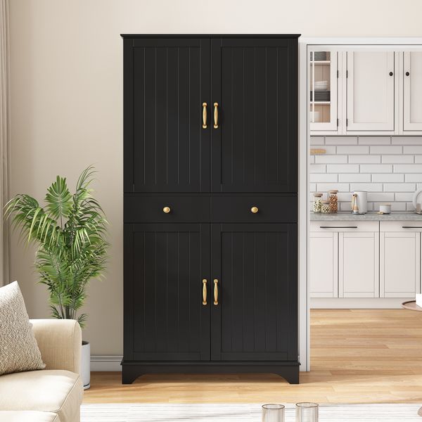 Hochschrank mit verstellbaren Regalböden und Schubladen, Bücherregal mit ausziehbaren Regalböden und Kühlschranktüren, Ideal für Esszimmer, Wohnzimmer und Küche (Schwarz)