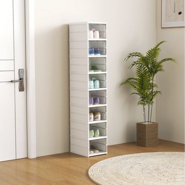 HOMCOM Schuhbox Schuhkartons im 8er-Pack, durchsichtiger Kunststoff (stapelbarer Schuh-Organizer mit Tür, 1 St, faltbare Aufbewahrungsboxen für Sneaker), 35 x 26 x 140 cm, Weiß