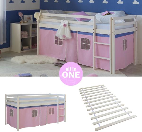 Hochbett mit Lattenrost 90x200 cm Spielbett Kinderbett Leiter Holz Kiefer Vorhang Rosa Jugendbett