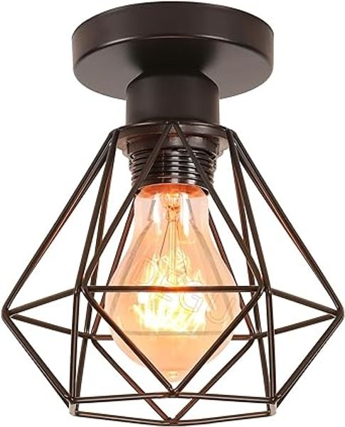 iDEGU Deckenleuchte – Industrielle Hängeleuchte mit Metallkäfig, geometrische E27 Mini-Vintage-Aufbauleuchte – Geeignet fur Flure/Eingangsbereiche – Schwarz, 16 cm Durchmesser (Aufbaumontage)