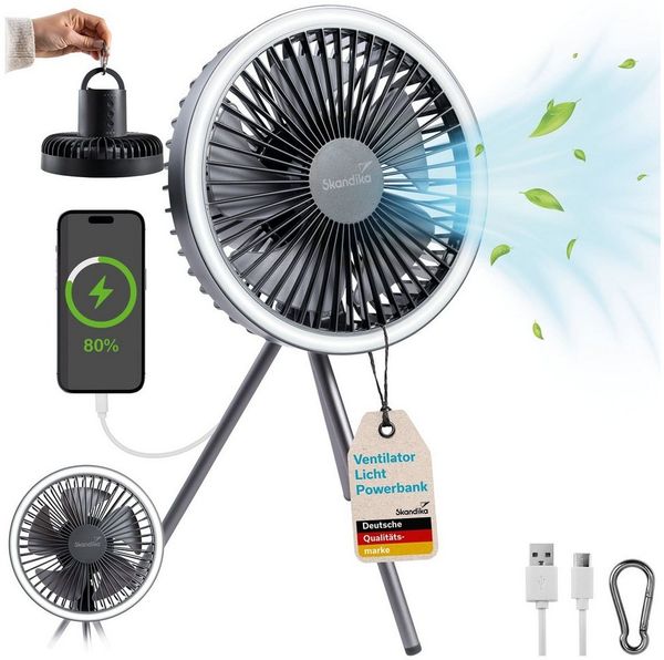 Skandika LED Gartenleuchte Campinglampe Solvind mit Ventilator, Dreistufig dimmbar, mit Tischventilator & Powerbank, Ringlicht weiß, mit USB Typ C