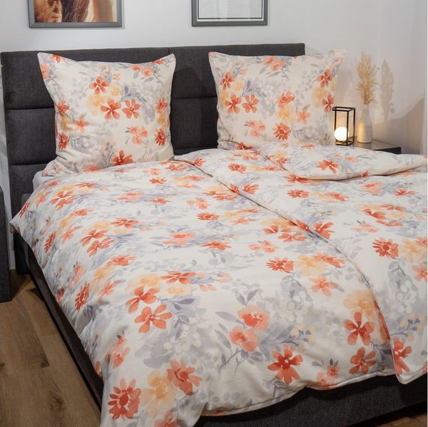 DOBNIG Bettwäsche Flanell, Flanell, 2 teilig, orange Blümchen, weißer Hintergrund