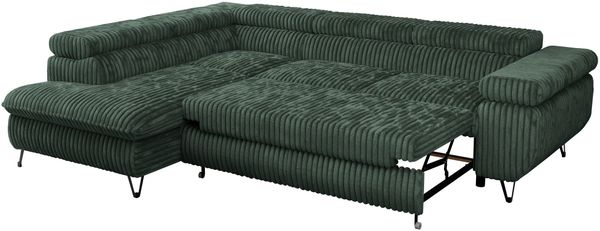 Mks Möbel 'Peter L-form' Ecksofa mit Bettfunktion, Bettkasten & einstellbaren Kopfstützen, Grün, Cord, links Bild 6