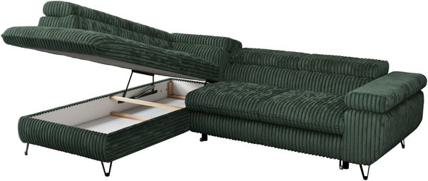 Mks Möbel 'Peter L-form' Ecksofa mit Bettfunktion, Bettkasten & einstellbaren Kopfstützen, Grün, Cord, links Bild 5