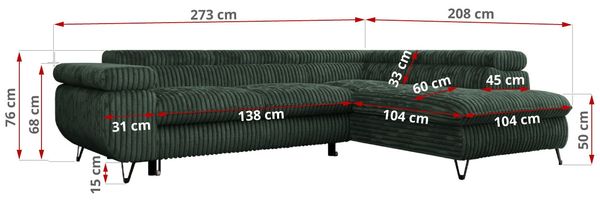 Mks Möbel 'Peter L-form' Ecksofa mit Bettfunktion, Bettkasten & einstellbaren Kopfstützen, Grün, Cord, links Bild 7