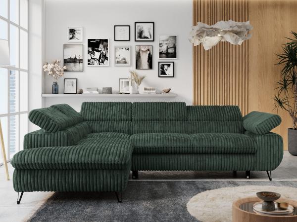 Ecksofa mit Bettfunktion, Modern Sofa, L-form, Einstellbare Kopfstützen, Bettkasten, PETER, 1x Ecksofa, Grün, Cord, links