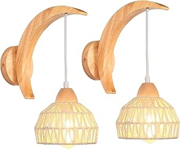 iDEGU 2-teiliges Leuchten-Set (Wandleuchte , Pendelleuchte) — Gefertigt aus Holz , Rattan, Design im Industrial-Stil (Halbmondform), E27-Fassung, verstellbarer Winkel der Wandleuchte, Vintage-Leuchten — Ideal fur Schlafzimmer, Wohnzimmer, Flure und Caf...