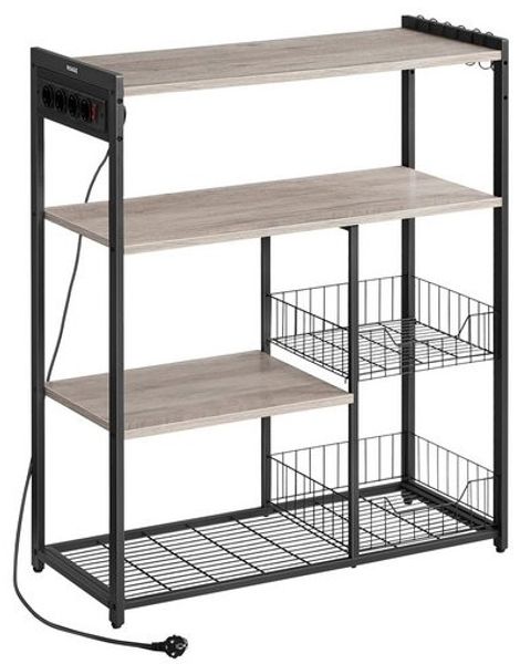 VASAGLE Küchenregal mit Steckdosen, Standregal mit 2 Metallkörben, Bäckerregal mit Haken und Regalablagen, Mikrowellenregal, 35 x 80 x 93,5 cm, Industrie-Design, greige meliert-tintenschwarz