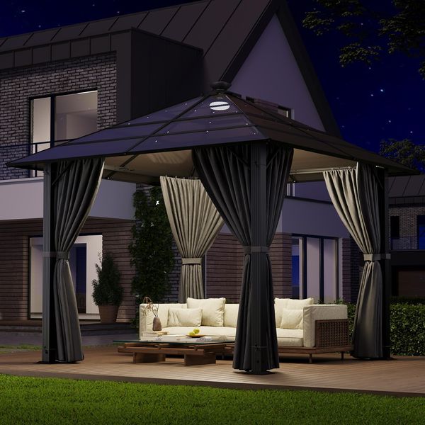 JUMMICO 3x3m Aluminium Gartenpavillon mit solarbetriebener LED-Beleuchtung,Pavillon mit festem Dach Design für Schatten am Tag und gemütliche Beleuchtung bei Nacht stabil und witterungsbeständig