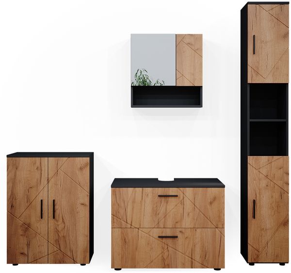 Badmöbel-Set Irma Goldkraft Eiche/Anthrazit 4 Teile, mit Schubladenschrank und Midischrank Vicco