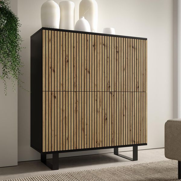 Kommode PANAMA 100 cmTürkommode, Stilvoll Wohnzimmer, Kommode mit vier Drehtüren, Push-to-Open, 8 Regale, hohe schwarze Rahmenfüße - Eiche, Schwarz, 114 x 40 x 100 cm